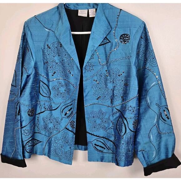 Vintage Bleu Bayou Sz L 100% Silk Jacket Teal Sequin Embroidered Black Glam - Picture 2 of 7